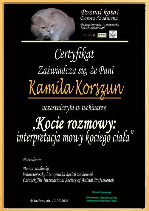 Certyfikat Kocie rozmowy Dorota Szadurska